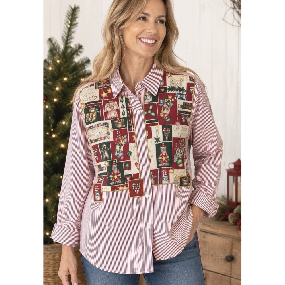Quacker Factory Womens Christmas Quilt Button Blouse Size S Striped Patchwork